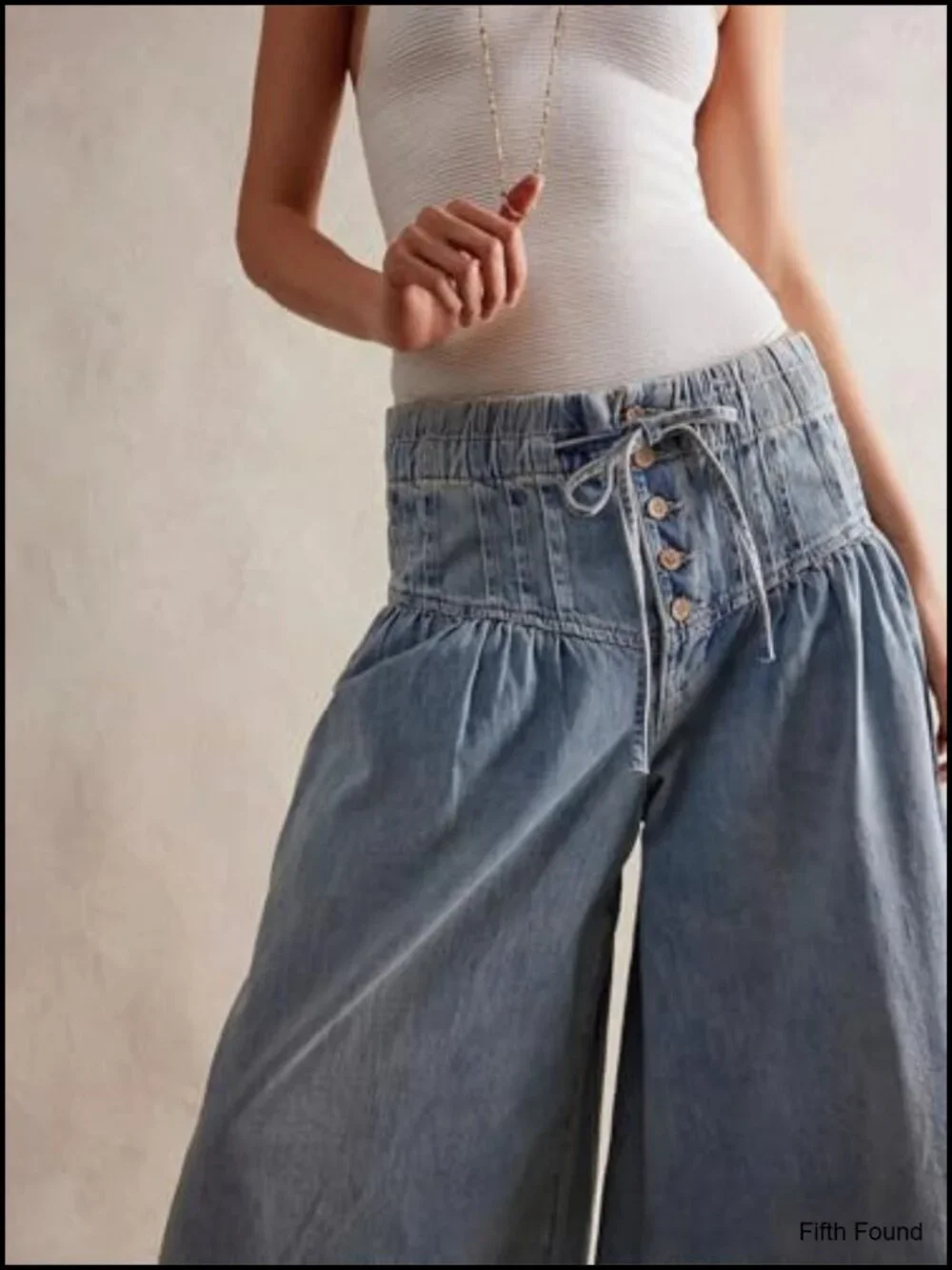 Baggy Wide Leg Denim Pants Drawstring Midi Waisted Flare Jeans Ruffle Pleated